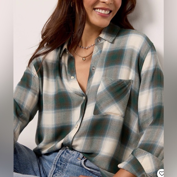 Rails Tops - Rails Hunter Shirt Button Down Western Style Ivory Teal Olive Plaid Size Medium